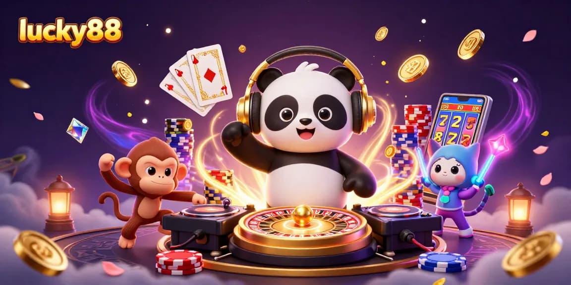 Spin to win with lucky88 as DJ panda leads a neon-filled casino celebration!