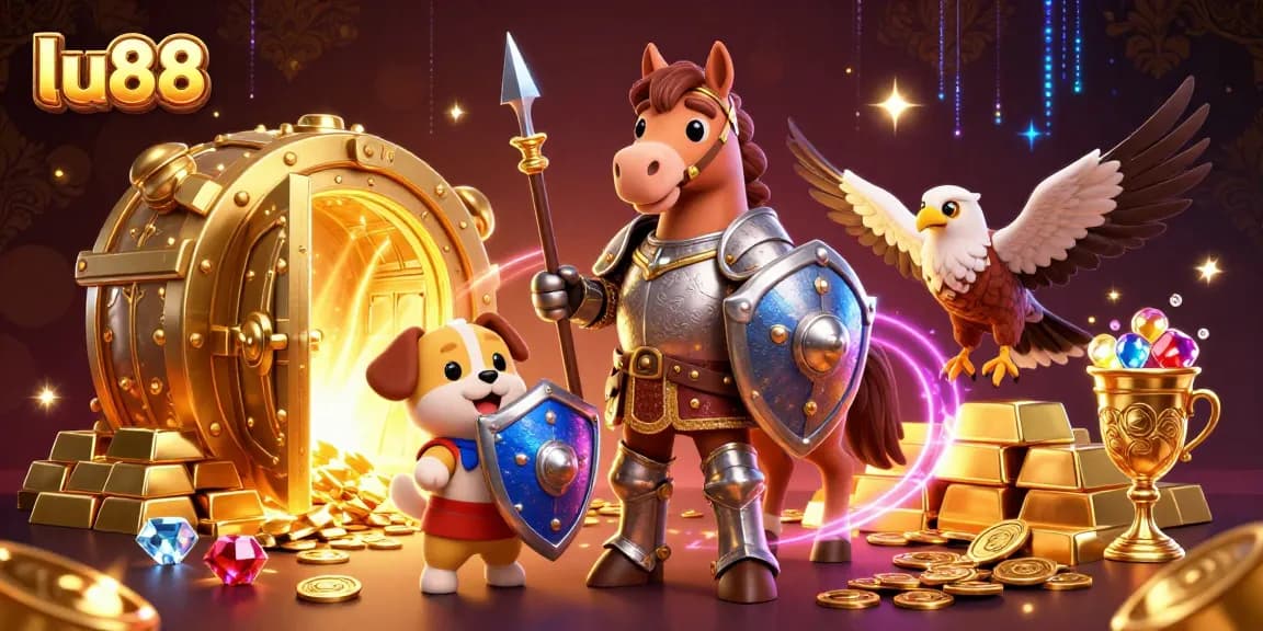 Engage with lu88's vibrant casino world featuring cartoon characters and treasure elements.
