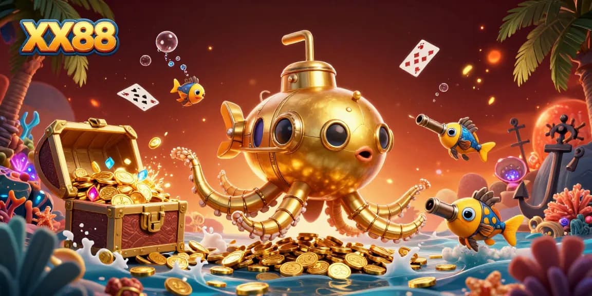 Experience thrilling gameplay at XX88 with a dynamic underwater scene featuring golden treasures and colorful elements.
