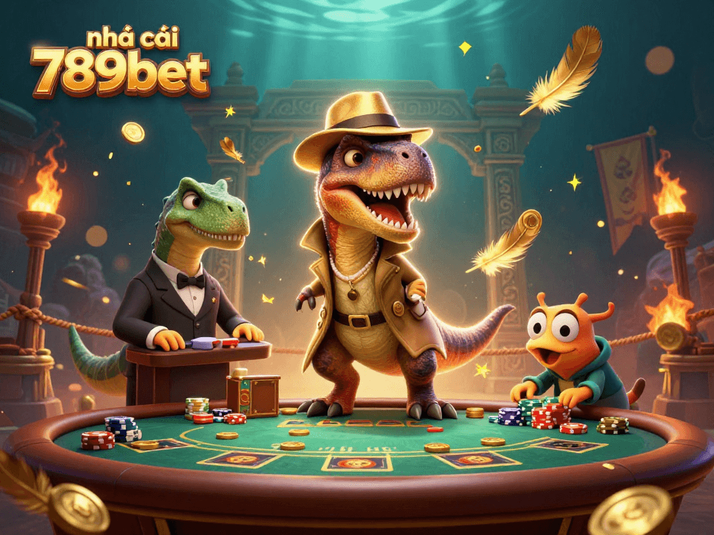 Experience the thrill of betting at nhà cái 789bet with exciting 3D illustration of a velociraptor card counter.