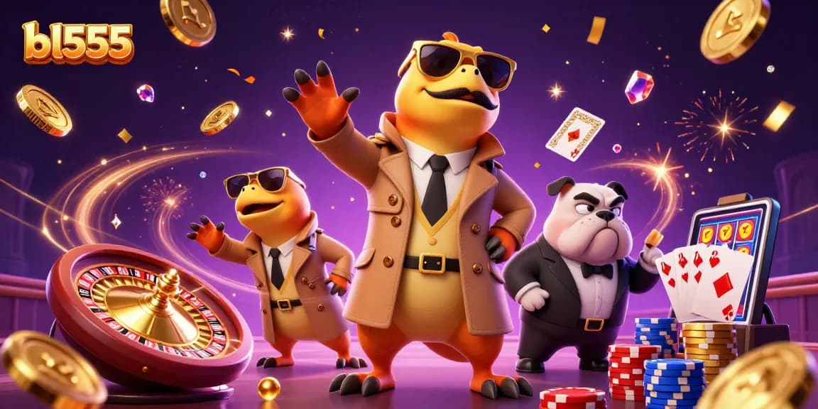 Experience exciting games at bl555 with three raptors and a bouncer in a colorful casino scene.