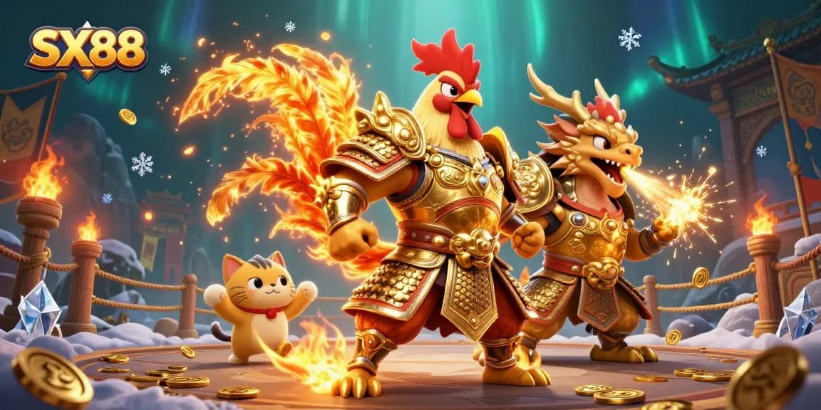 SX88 offers engaging gameplay with a fighting rooster warrior and dragon amidst a dynamic casino setting.