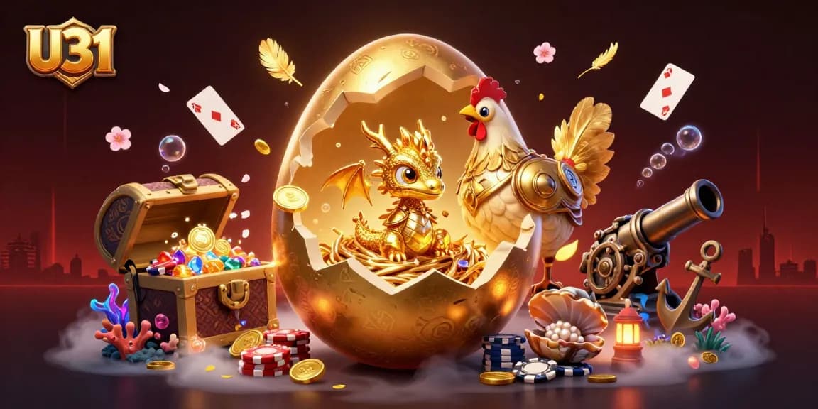 Experience U31's gaming thrill with a golden dragon and poker chips in a vibrant casino scene.