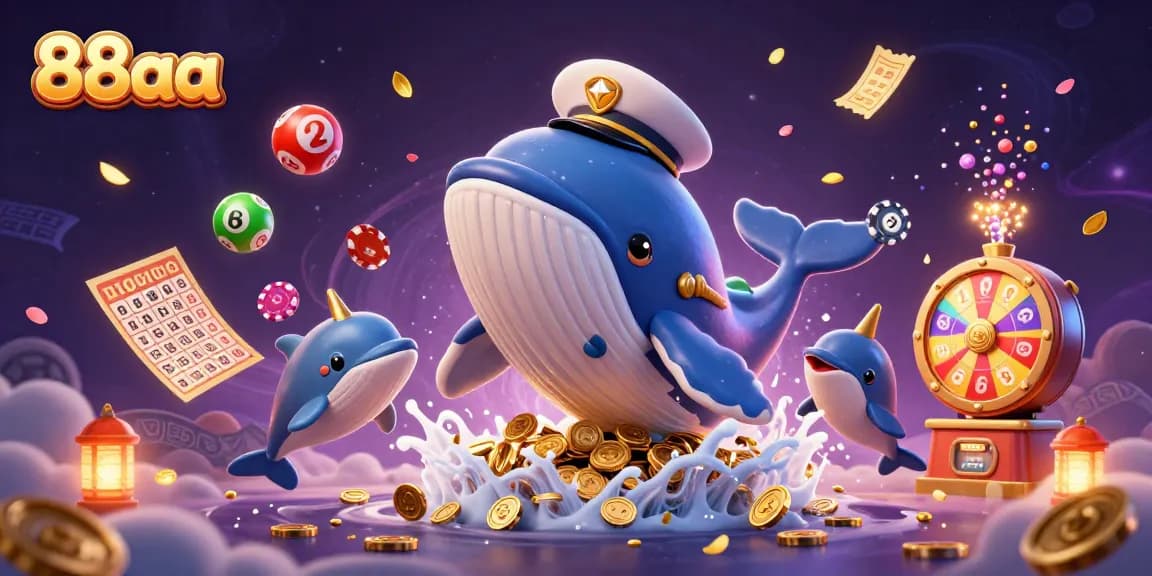 Join the 88aa online casino adventure with a whale breaching a sea of coins, surrounded by dynamic gaming elements.