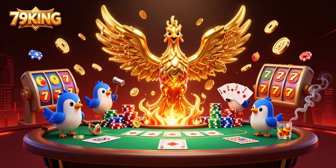 Experience the thrills of 79KING with a dynamic golden phoenix illustration showcasing poker and jackpot elements.