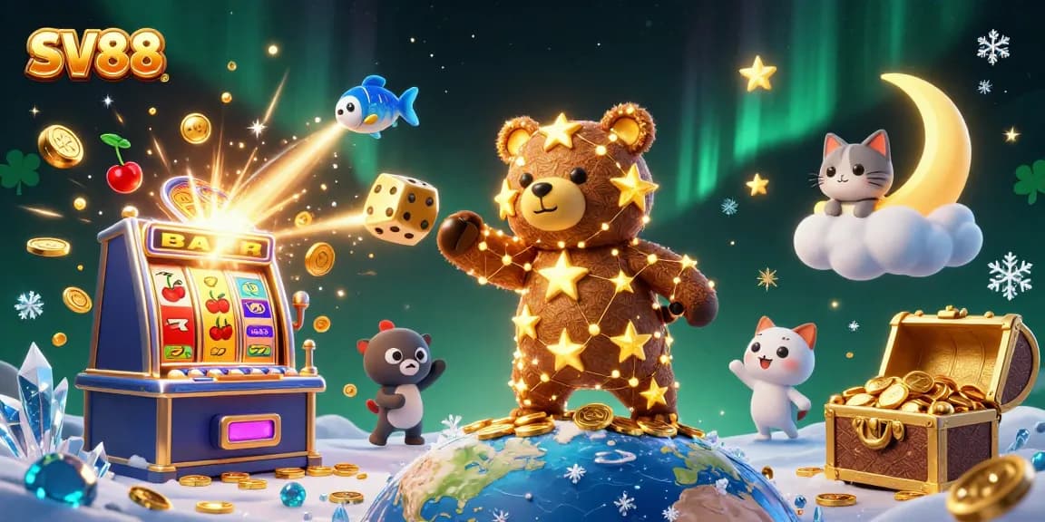 SV88 jackpot scene featuring a constellation bear, lucky symbols, and casino games for a thrilling experience.