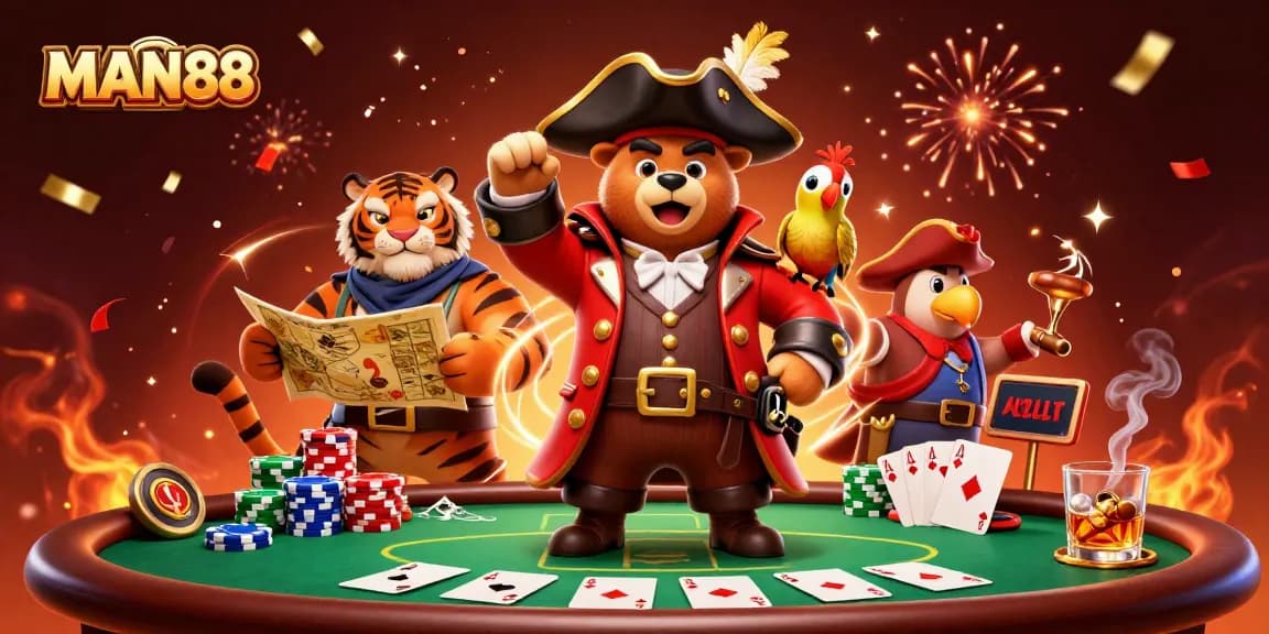 Experience thrilling poker action with MAN88 as pirate bear and tiger explore winning strategies.