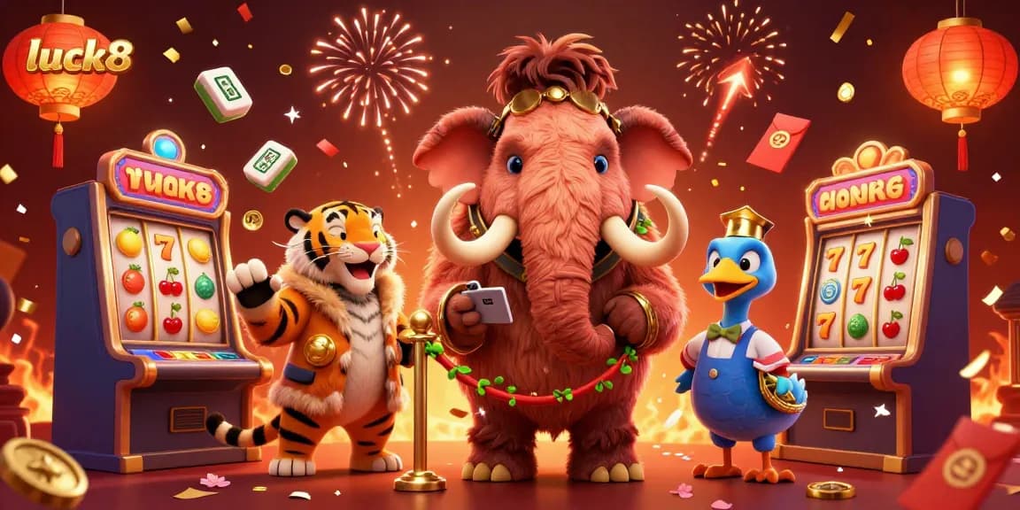 Experience the thrill of luck8 casino with vibrant characters and winning symbols in a festive atmosphere.