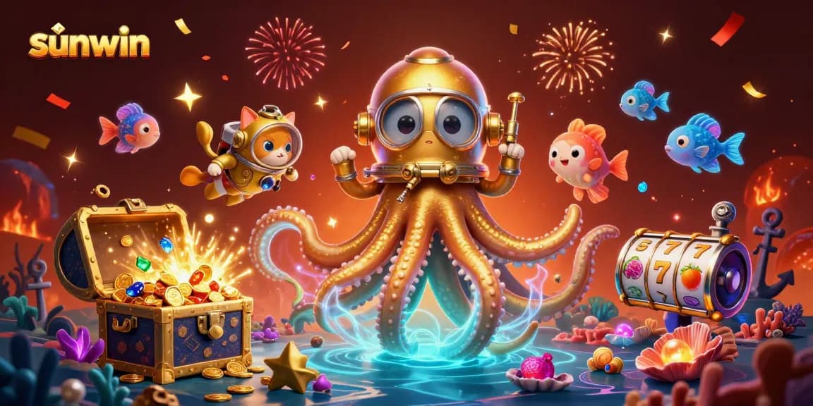 Experience thrilling gameplay at sunwin with a dynamic scene of a kraken and diving cat amidst colorful slot reels.