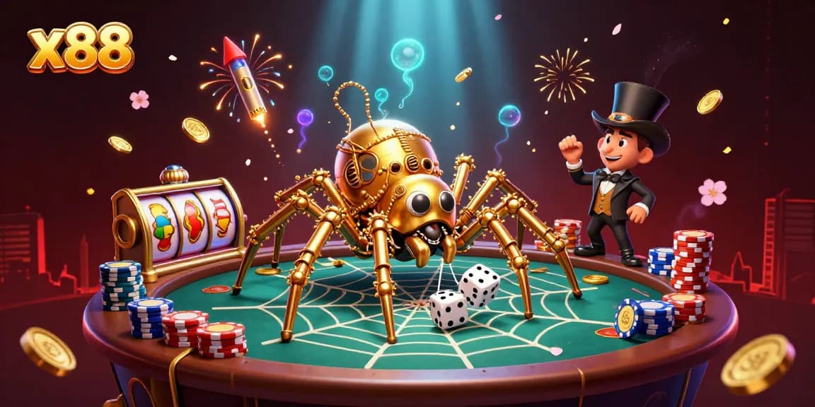 Catching unlucky dice in a golden web at the x88 steampunk casino with vibrant game elements.