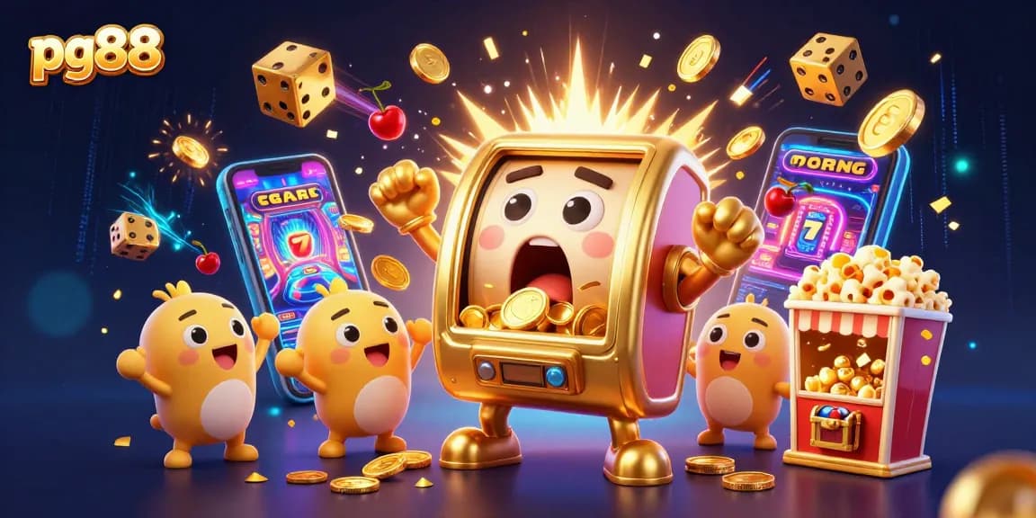 Experience the excitement of pg88 with animated slot machines celebrating their jackpot win amidst a vibrant casino atmosphere.
