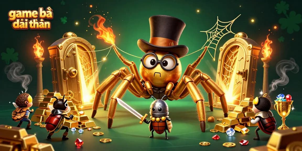 Engage in the thrilling world of game bài đổi thưởng with a dynamic, colorful illustration of characters and casino treasures.