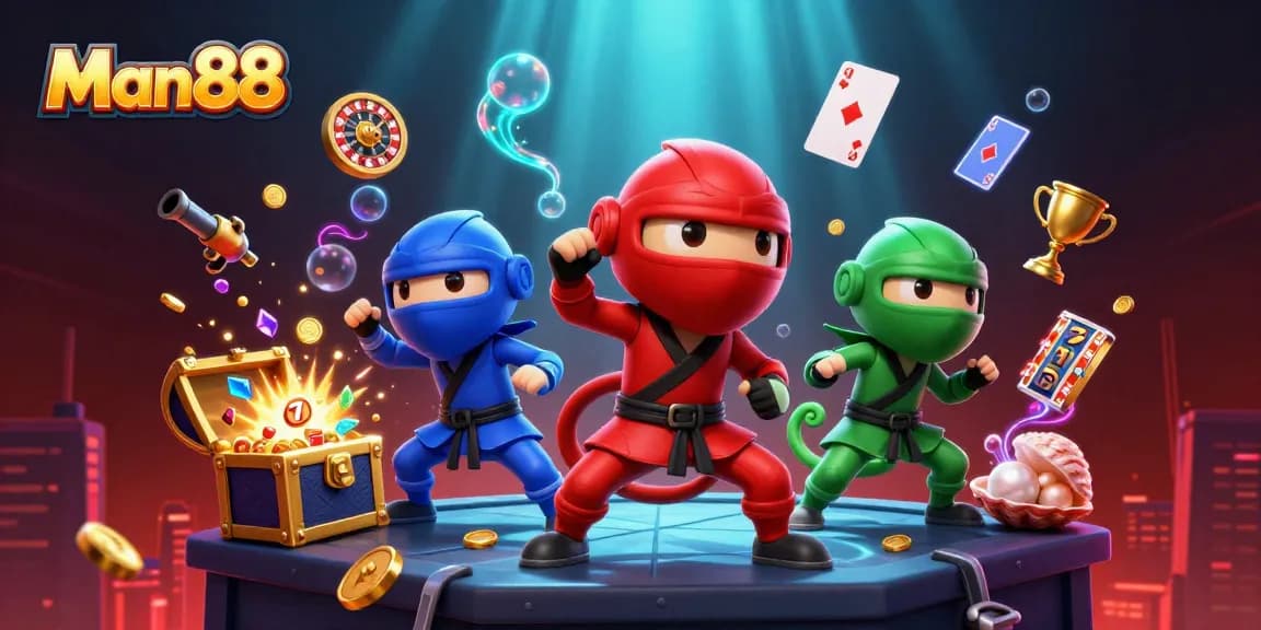 Engage in thrilling action at Man88 with chameleon ninja team amidst vibrant casino elements.