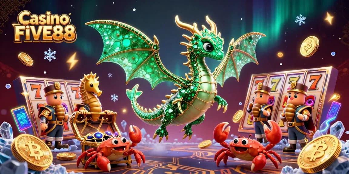 Experience the thrill of Casino FIVE88 with vibrant slot reels and 3D dragon in an immersive gaming scene.