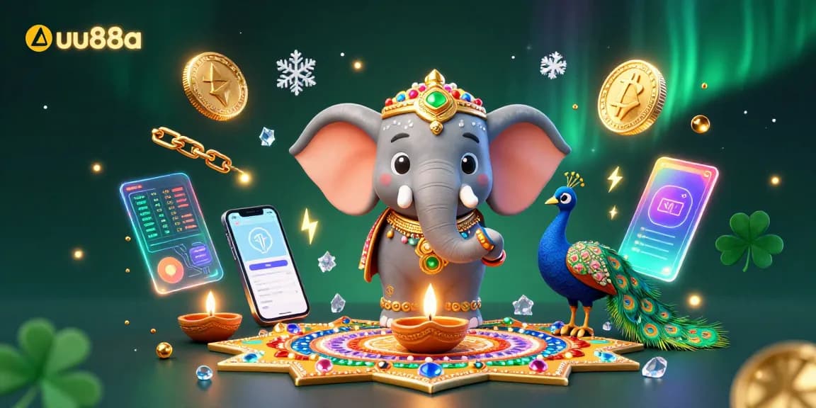 Experience exciting gaming at uu88a featuring rich colors, animated Diwali elephant, and vibrant crypto elements.