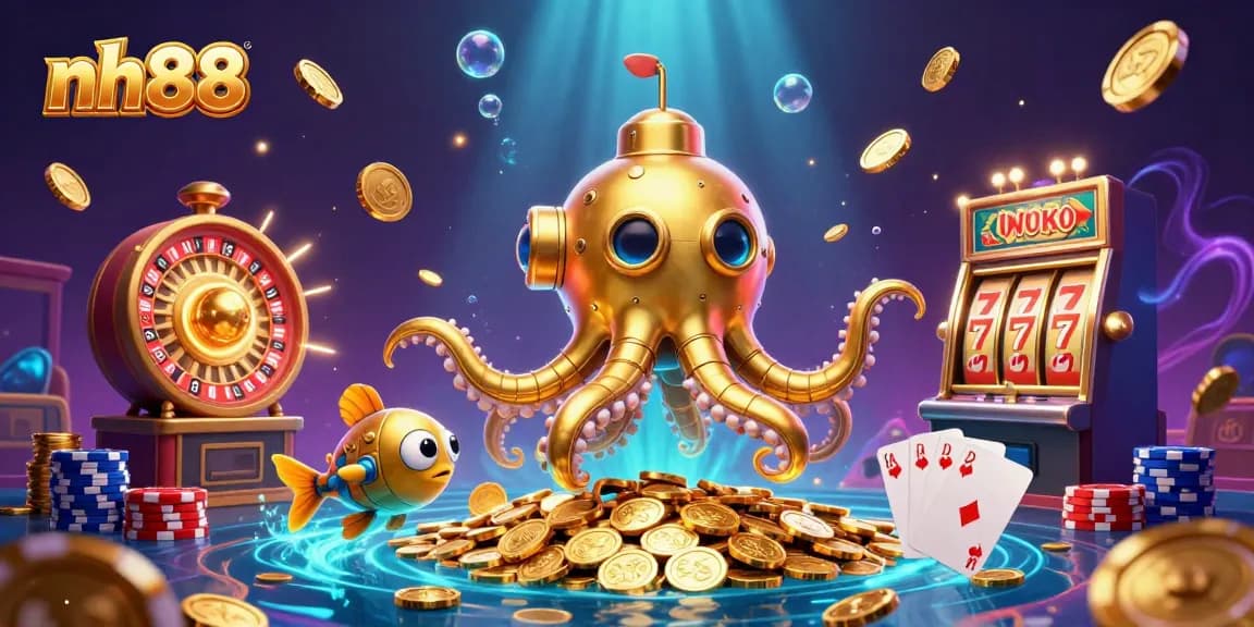 Experience exhilarating gameplay at nh88 with a vibrant kraken submarine amidst golden coins and casino elements.