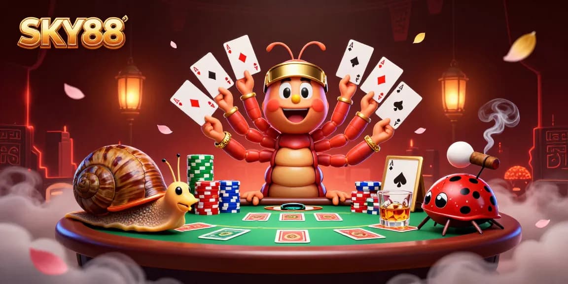 Engage in thrilling gameplay at SKY88, featuring a vibrant card dealer and dramatic poker action.