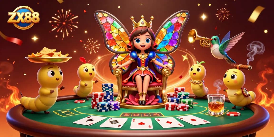 Engage in thrilling gameplay at ZX88 with vibrant casino characters and dynamic poker elements.