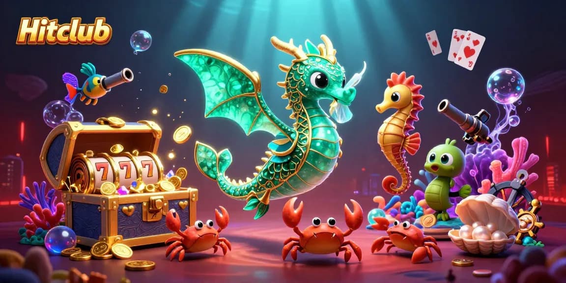 Hitclub players engaging in thrilling slot games, surrounded by vibrant underwater treasures and rich gaming elements.