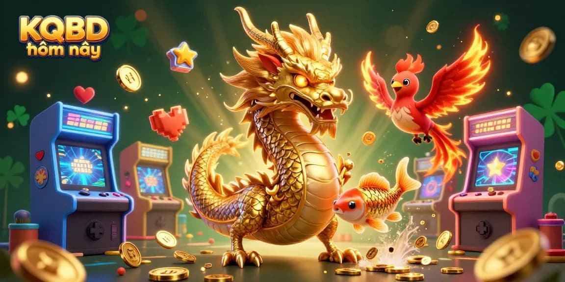 KQBD hôm nay showcases a vibrant 3D scene with a golden dragon, phoenix, and koi fish celebrating wins amidst casino elements.