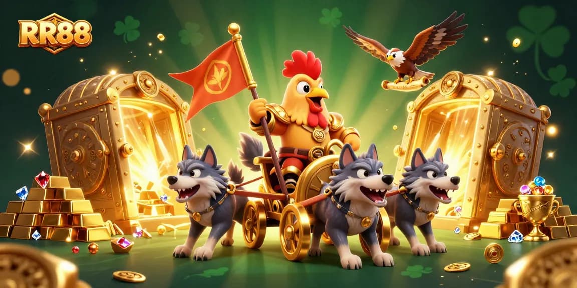 Experience RR88 excitement as a rooster warlord leads a treasure-filled scene with golden elements and dynamic gameplay.