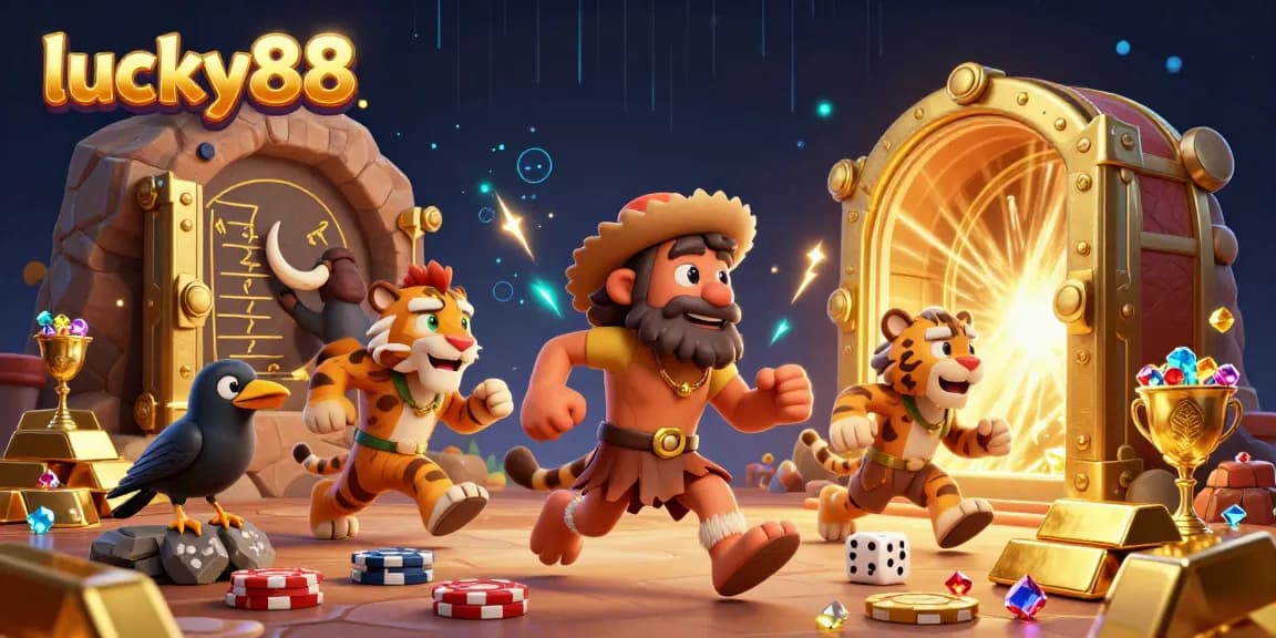 Engage with lucky88 in a vibrant prehistoric casino scene featuring 3D cartoon characters and dazzling treasure.