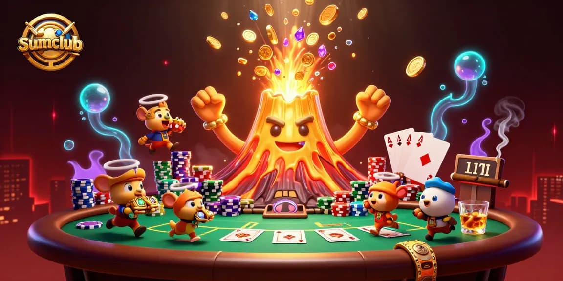 Experience the thrilling excitement of sumclub, with treasures erupting from a golden volcano in this vibrant casino-themed scene.