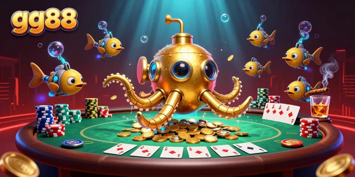 gg88 immerses gamers in a vibrant poker scene with a golden kraken submarine amidst golden coins.