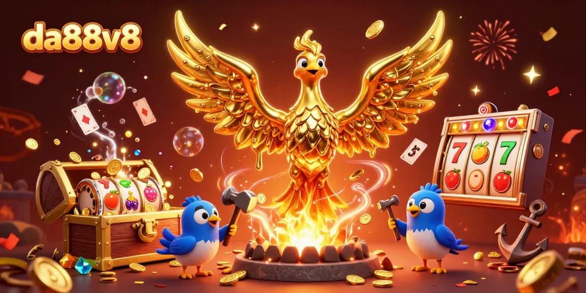 Experience thrilling wins with da88v8 in this vibrant casino-themed 3D illustration featuring a golden phoenix and slot elements.