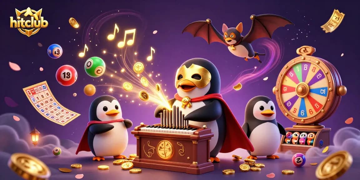 Hitclub brings excitement to life as a penguin plays an organ shooting coins, amidst golden lottery elements.