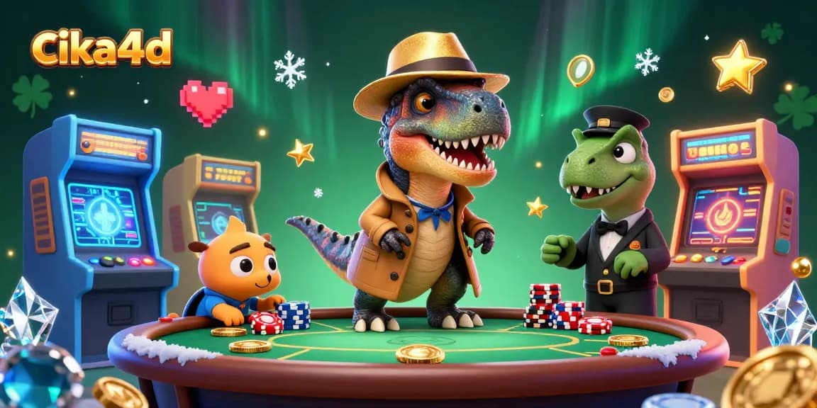 Cika4d features a cartoon velociraptor at a poker table mastering card tricks amidst dynamic casino elements.