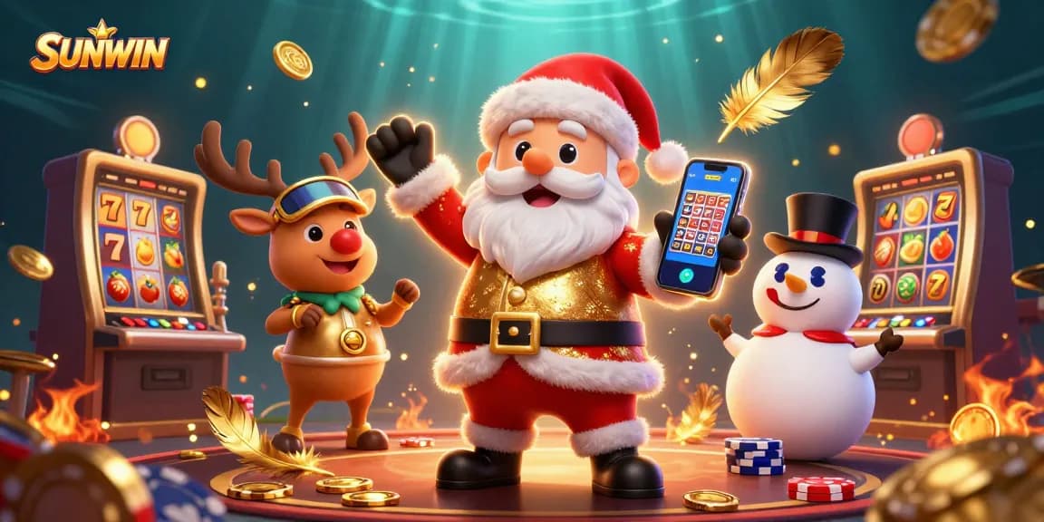 SUNWIN offers vibrant gaming action with festive characters celebrating jackpots in a colorful casino scene.
