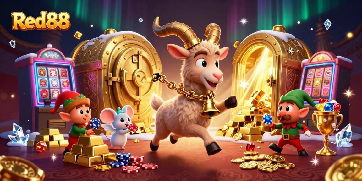 Red88 casino illustration showcasing Krampus with elves in a vibrant gaming setting filled with treasures.