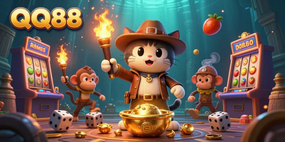 Experience the thrill of QQ88 as the explorer cat uncovers a golden jackpot amidst vibrant casino elements.