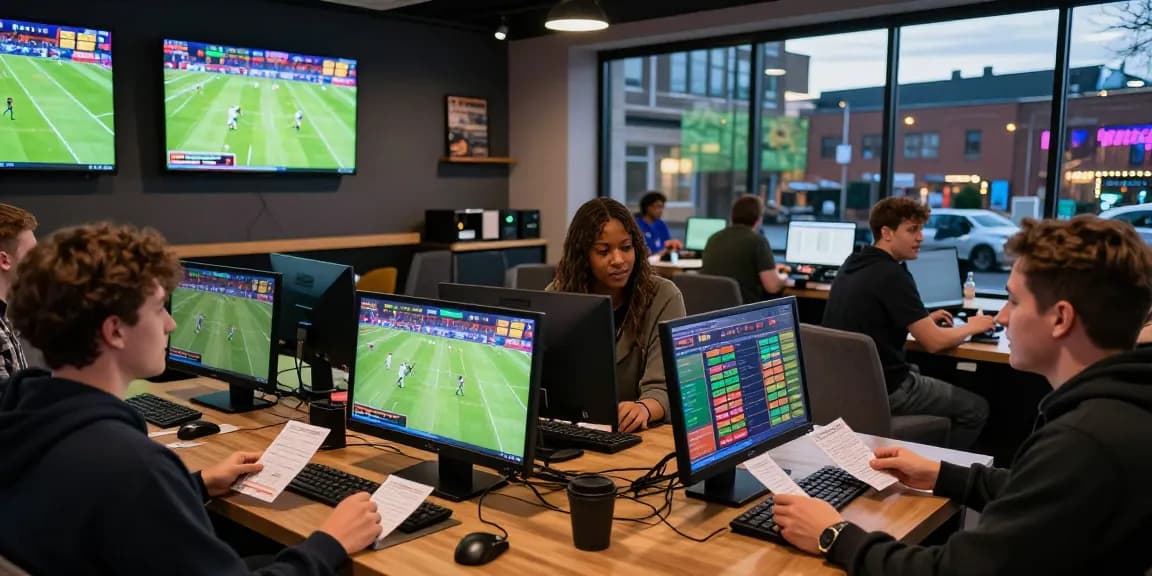 Exciting Daftar Bola88 scene showcasing bettors engaging in mixed parlay bets in a lively lounge with real-time odds.