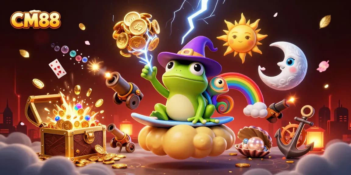 CM88 casino adventure with a frog wizard conjuring gold coins and a chameleon on a cloud