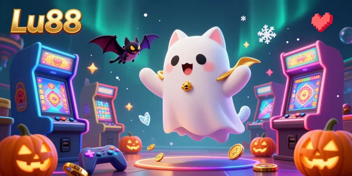 Experience the thrilling ambiance of Lu88 as a friendly ghost cat explores a haunted casino, surrounded by glowing game elements.
