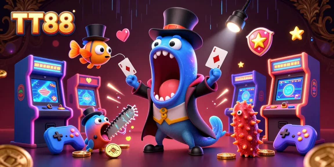 Experience thrilling game strategies with TT88 in this vibrant casino-inspired 3D scene.