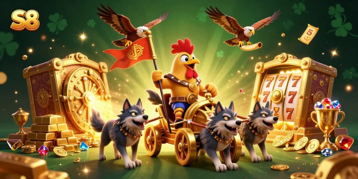 S8 casino adventure with a rooster warlord amidst treasures and slot reels in a vivid 3D illustration.