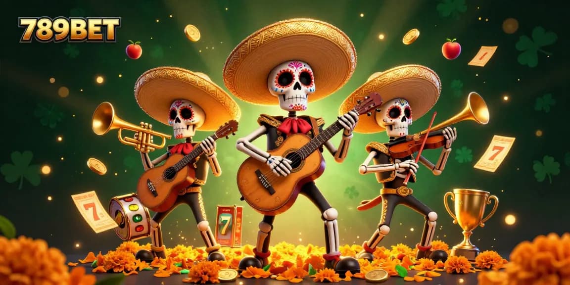 Bet and spin at 789BET as colorful skeleton mariachis fill the scene with joyful energy.