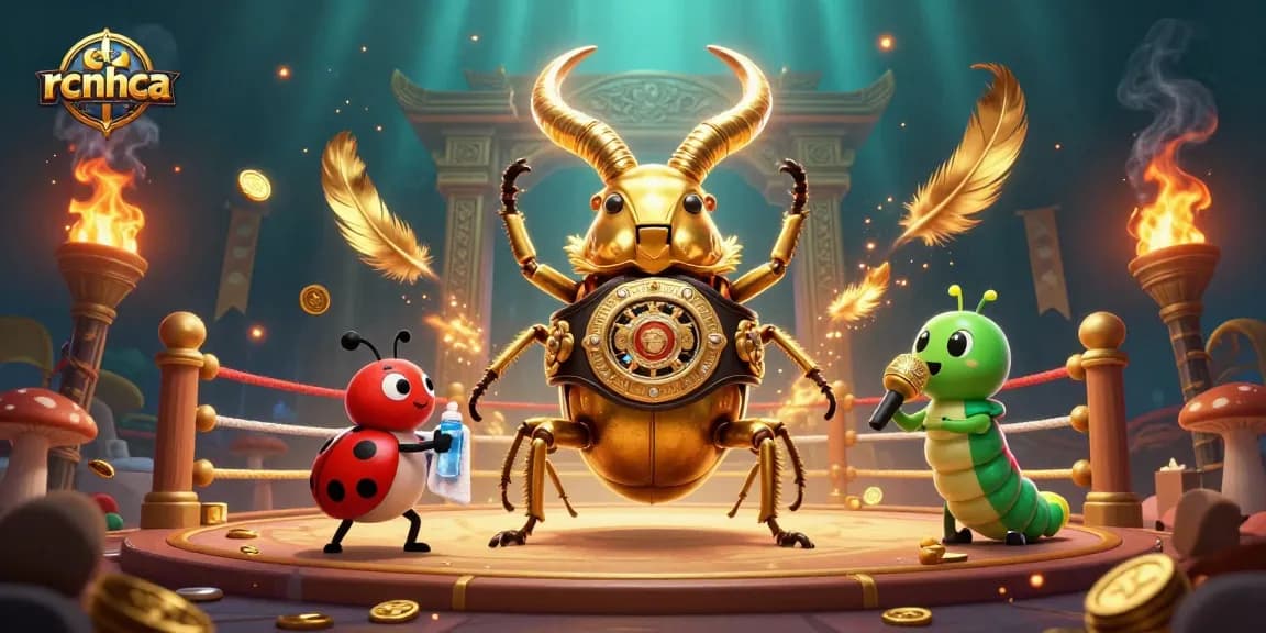 Experience rcnhca's vibrant casino action with a golden stag beetle champion surrounded by dynamic gaming elements.