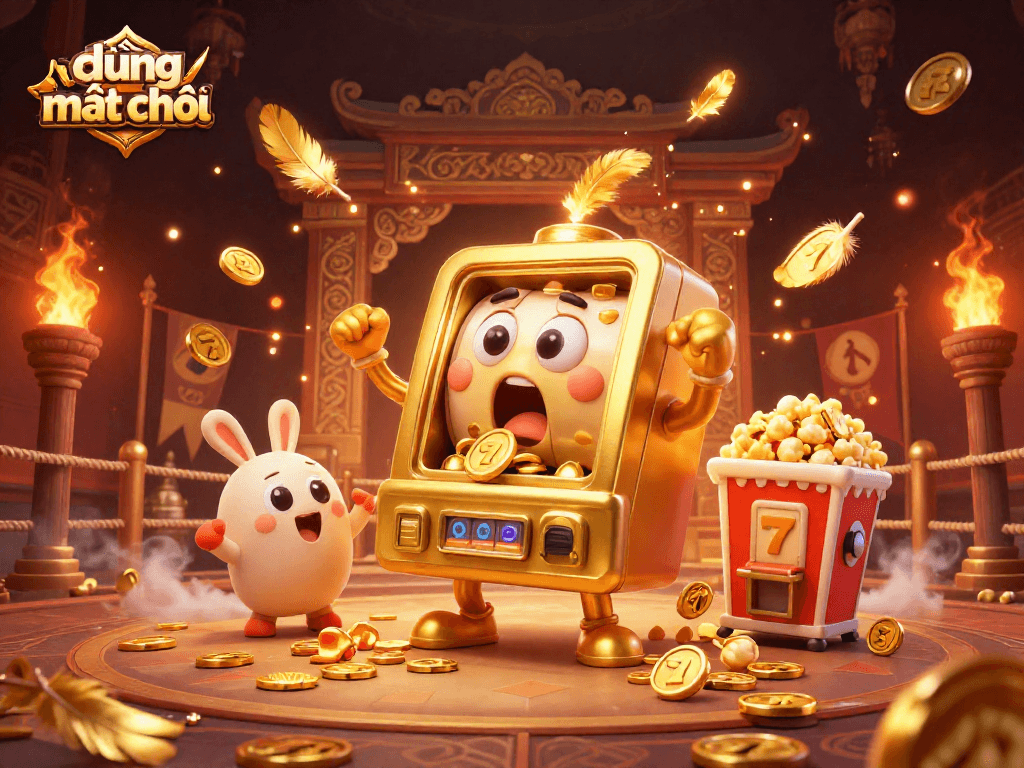 Win big with đường mạt chược featuring a golden slot machine hitting a jackpot and coins pouring out.