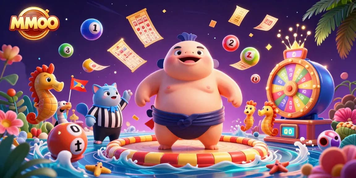 Win big with MMOO's exciting lottery scene featuring a dynamic 3D fugu surrounded by vibrant game elements.