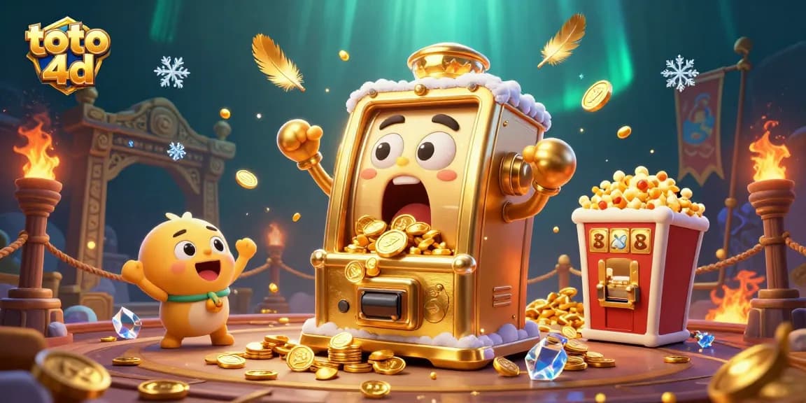 Watch the 3D cartoon slot machine win big in toto 4d with coins pouring from its mouth!
