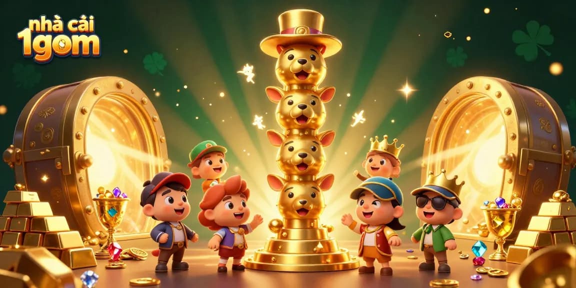 Engage with nhà cái 1gom’s vibrant casino atmosphere featuring a magical totem pole amidst golden treasures.