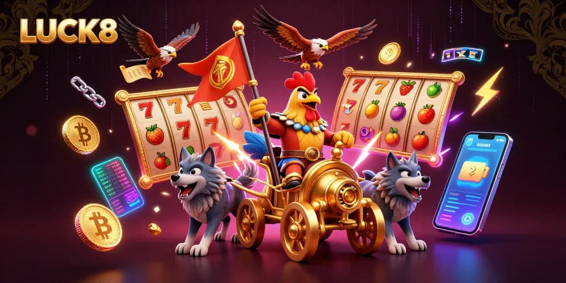 Engage with thrilling LUCK8 slot battles alongside a rooster warlord in a dynamic 3D illustration.