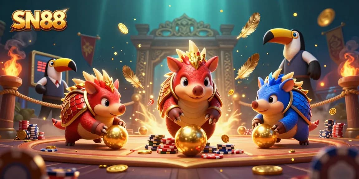 Experience thrilling bets at SN88 with vibrant 3D pangolins bowling through poker chips amidst dynamic casino elements.
