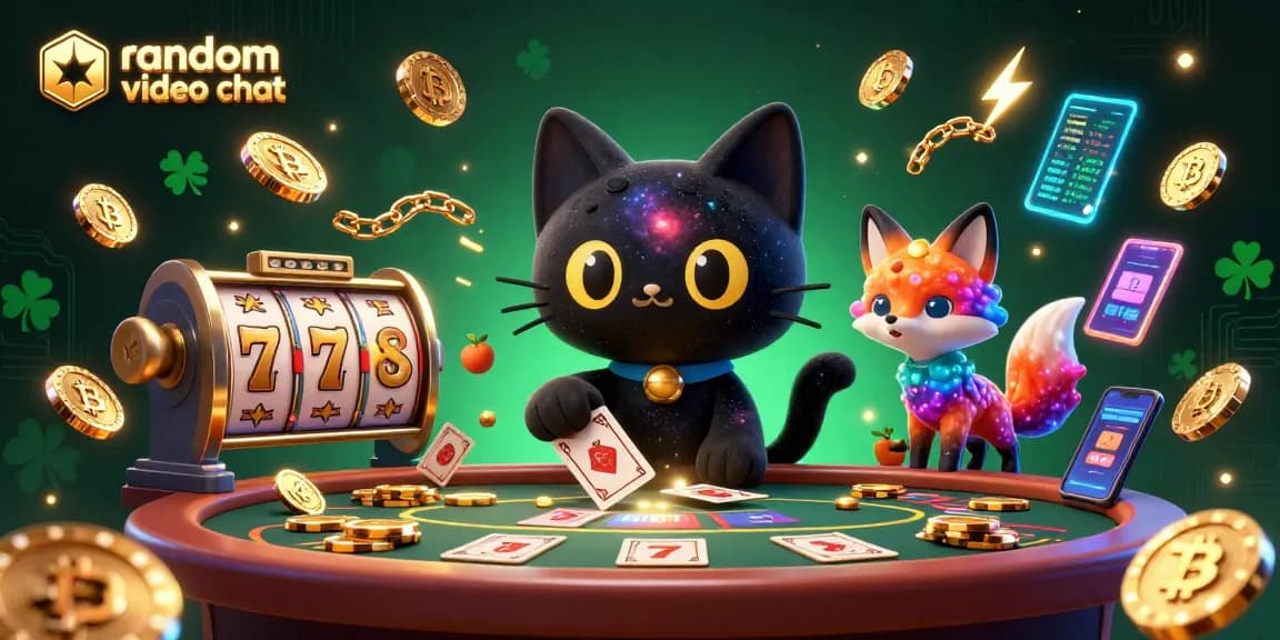 Engage in random video chat at a cosmic casino, featuring dynamic characters and gambling elements, lively atmosphere.