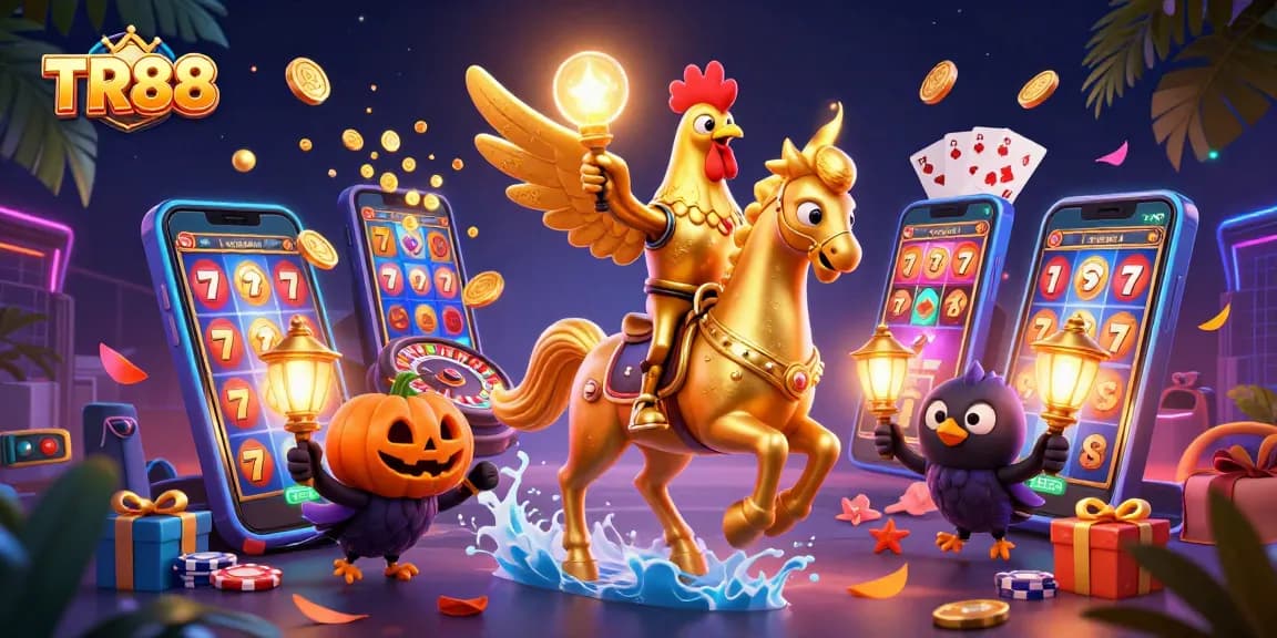 TR88 animated rooster explores a vibrant casino with slot machines, poker chips, and glowing lights.