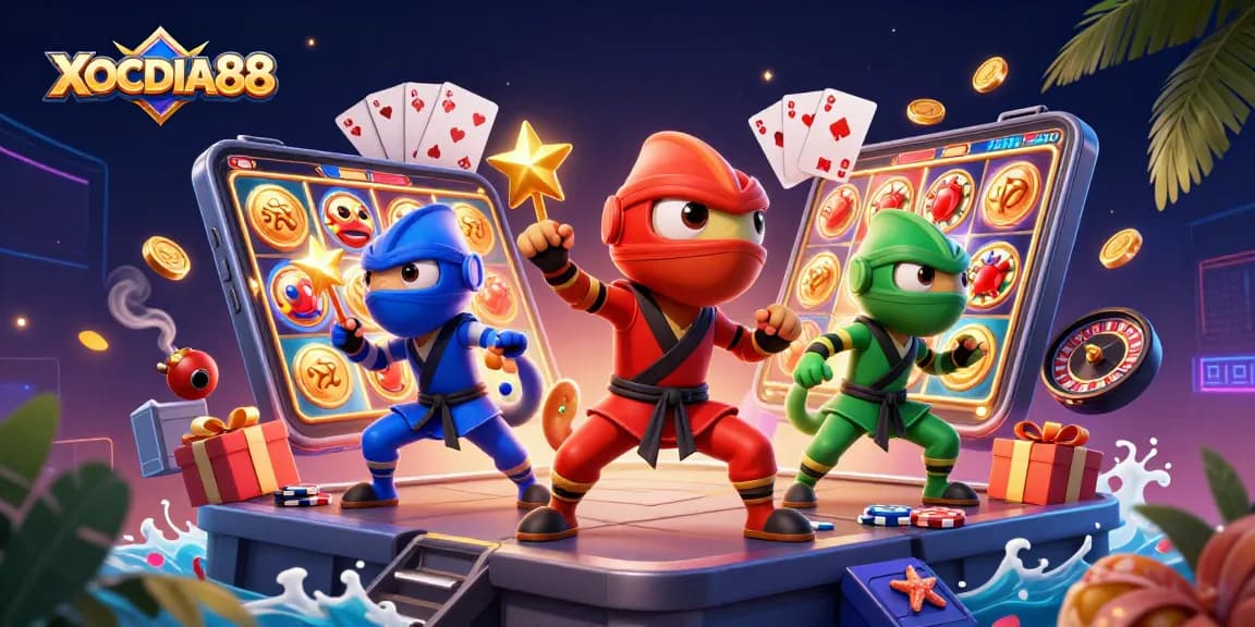 XOCDIA88 chameleon ninjas showcase martial arts amidst dynamic casino game elements and gold coins.